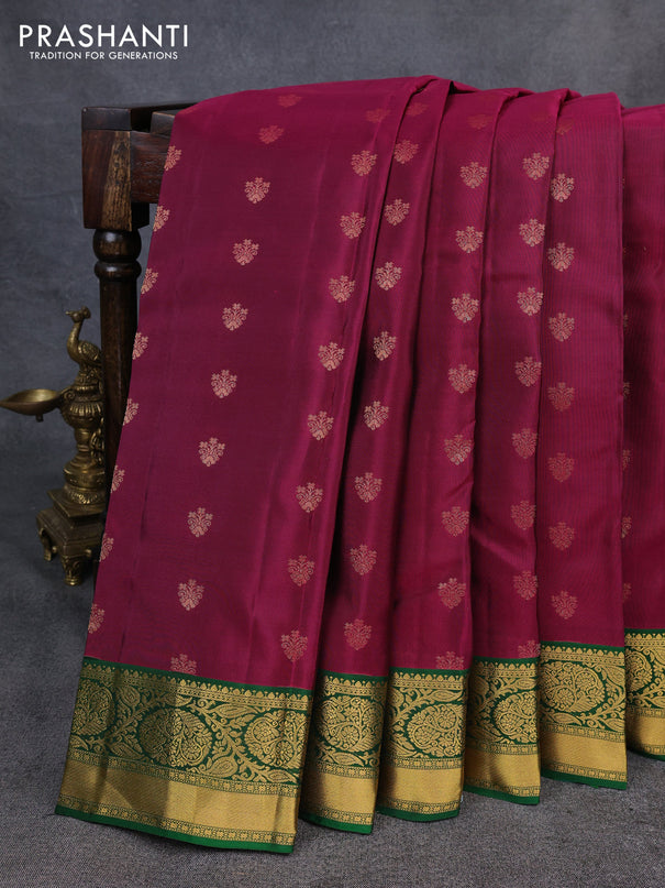 Kanchipuram silk saree wine shade and green with allover zari woven buttas and zari woven korvai border