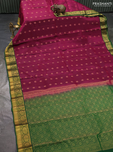 Kanchipuram silk saree wine shade and green with allover zari woven buttas and zari woven korvai border