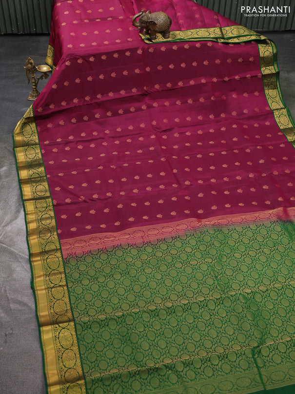Kanchipuram silk saree wine shade and green with allover zari woven buttas and zari woven korvai border
