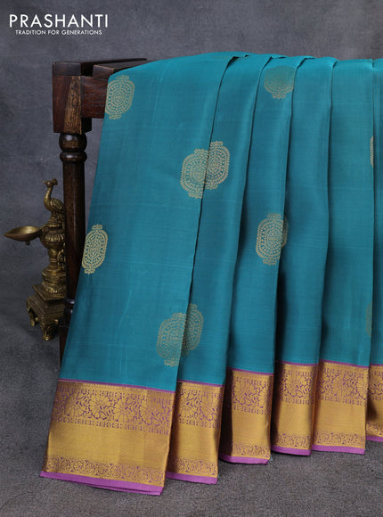Kanchipuram silk saree peacock green and lavender with zari woven buttas and zari woven border
