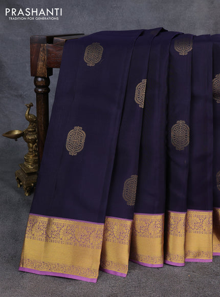Kanchipuram silk saree navy blue and mauve pink with zari woven buttas and zari woven korvai border