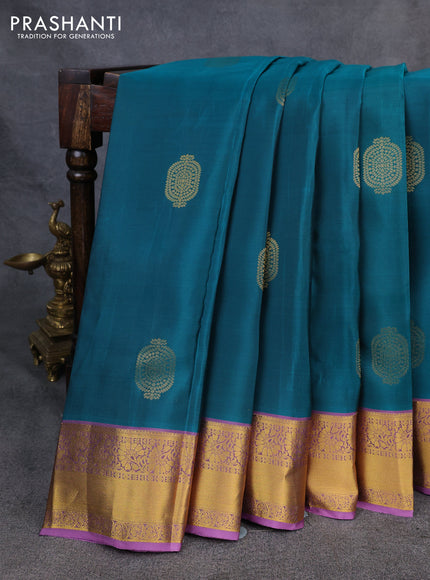 Kanchipuram silk saree teal green and lavender with zari woven buttas and rich zari woven korvai border