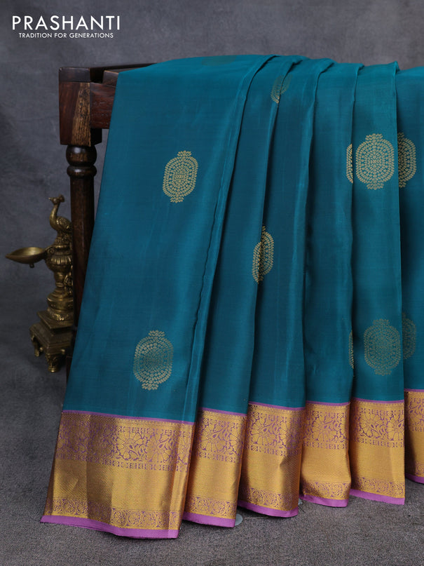 Kanchipuram silk saree teal green and lavender with zari woven buttas and rich zari woven korvai border