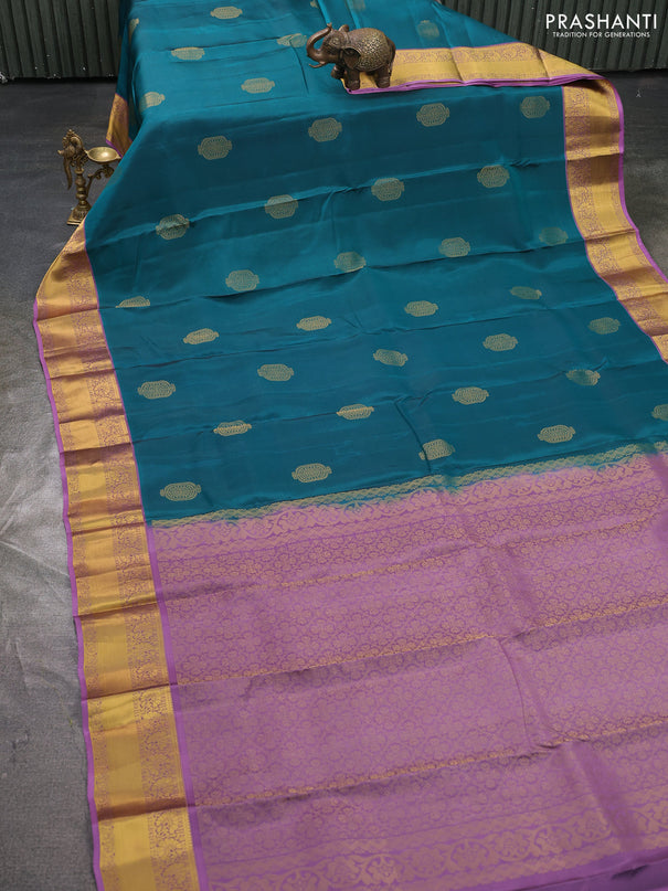Kanchipuram silk saree teal green and lavender with zari woven buttas and rich zari woven korvai border