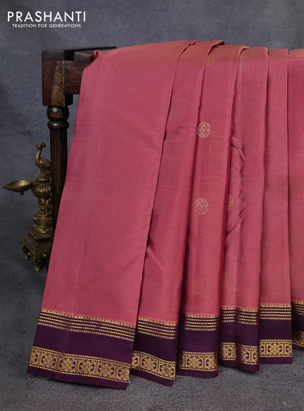 Kanchipuram silk saree dark peach and wine shade with zari woven buttas and small rettapet zari woven border