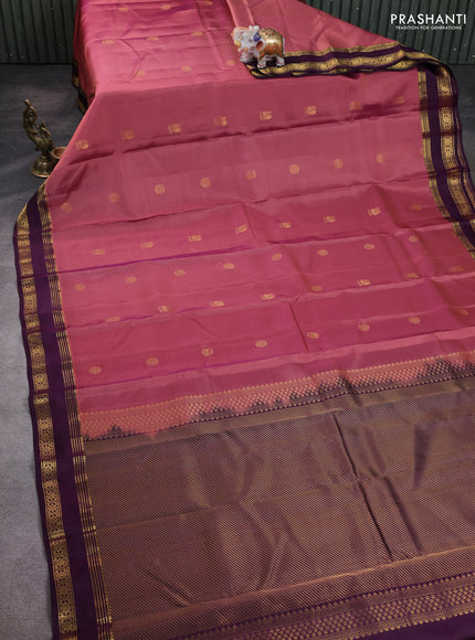 Kanchipuram silk saree dark peach and wine shade with zari woven buttas and small rettapet zari woven border