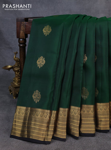 Kanchipuram silk saree bottle green and black with zari woven buttas and zari woven border
