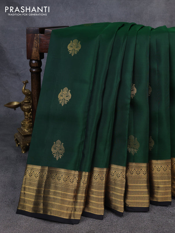 Kanchipuram silk saree bottle green and black with zari woven buttas and zari woven border