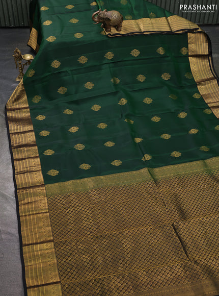 Kanchipuram silk saree bottle green and black with zari woven buttas and zari woven border