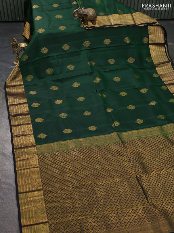 Kanchipuram silk saree bottle green and black with zari woven buttas and zari woven border