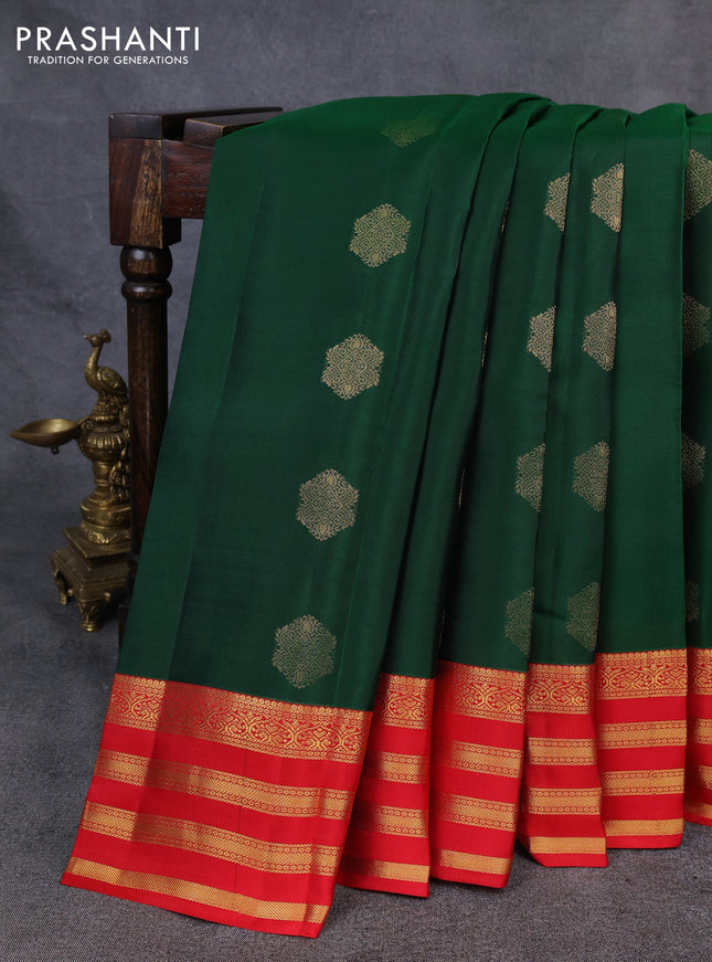 Kanchipuram silk saree green and red with allover zari woven buttas and long zari woven border