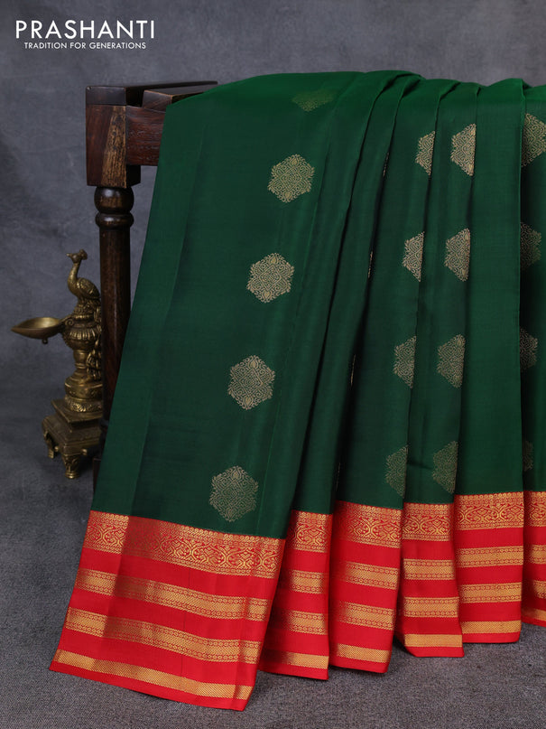 Kanchipuram silk saree green and red with allover zari woven buttas and long zari woven border
