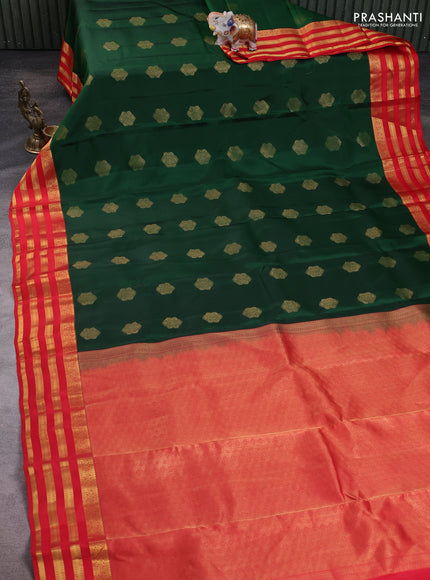 Kanchipuram silk saree green and red with allover zari woven buttas and long zari woven border