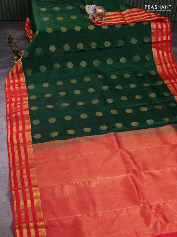 Kanchipuram silk saree green and red with allover zari woven buttas and long zari woven border