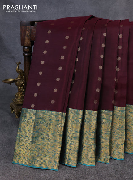 Kanchipuram silk saree coffee brown and teal green with allover zari woven buttas and long zari woven border