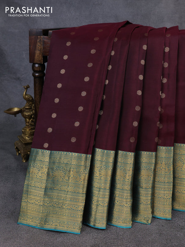 Kanchipuram silk saree coffee brown and teal green with allover zari woven buttas and long zari woven border