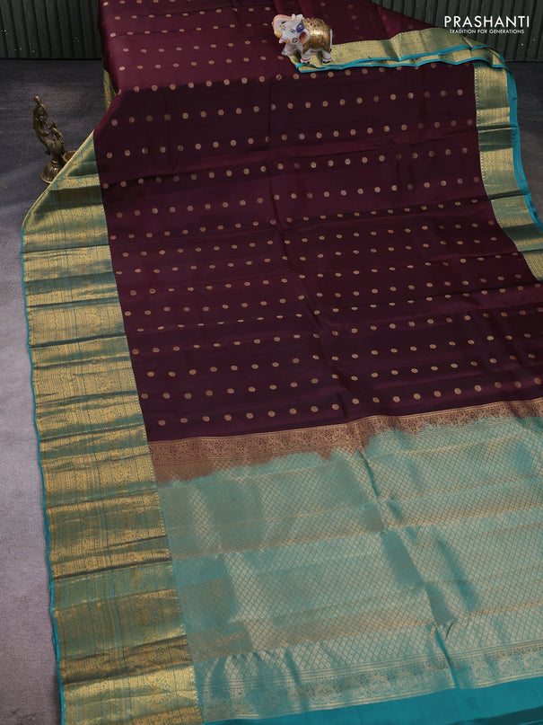 Kanchipuram silk saree coffee brown and teal green with allover zari woven buttas and long zari woven border