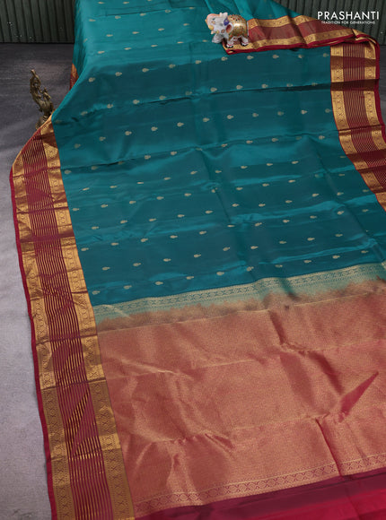 Kanchipuram silk saree teal green and maroon with zari woven buttas and zari woven border