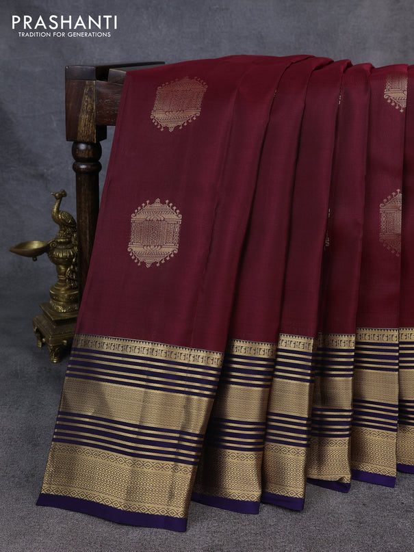Kanchipuram silk saree maroon and navy blue with zari woven buttas and long rich zari woven border