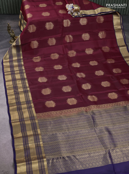 Kanchipuram silk saree maroon and navy blue with zari woven buttas and long rich zari woven border