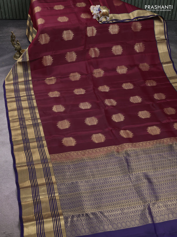Kanchipuram silk saree maroon and navy blue with zari woven buttas and long rich zari woven border