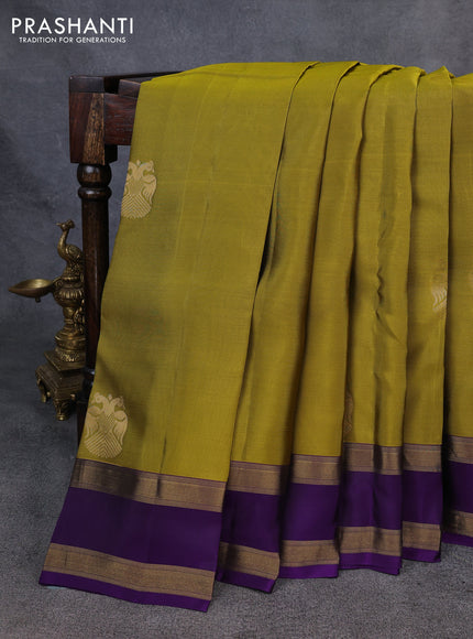 Kanchipuram silk saree mehendi green and violet with zari woven buttas and rettapet zari woven border