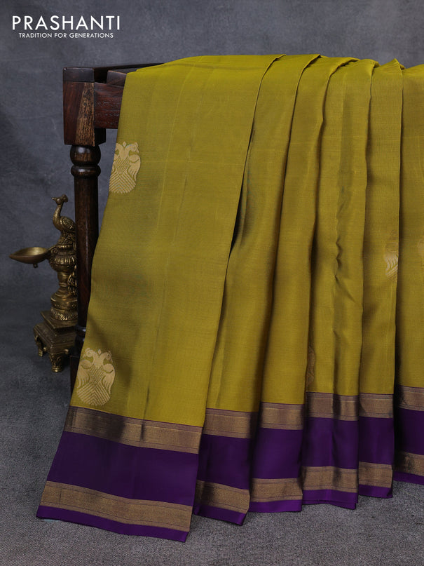 Kanchipuram silk saree mehendi green and violet with zari woven buttas and rettapet zari woven border