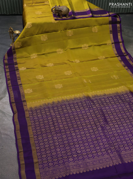 Kanchipuram silk saree mehendi green and violet with zari woven buttas and rettapet zari woven border