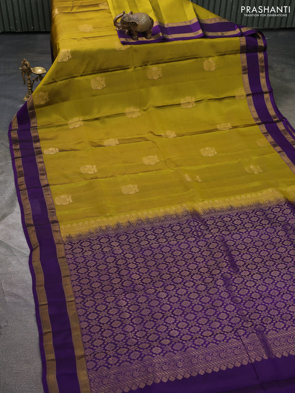 Kanchipuram silk saree mehendi green and violet with zari woven buttas and rettapet zari woven border