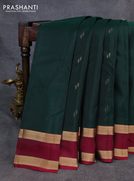 Kanchipuram silk saree bottle green and wine shade with zari woven buttas and rettapet zari woven border