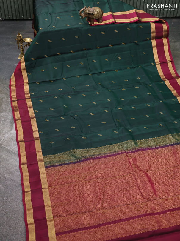 Kanchipuram silk saree bottle green and wine shade with zari woven buttas and rettapet zari woven border