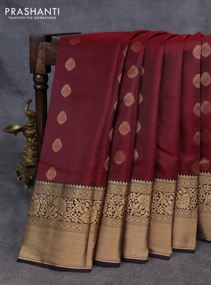 Kanchipuram silk saree wine shade and coffee brown with zari woven buttas and long zari woven border