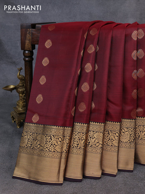 Kanchipuram silk saree wine shade and coffee brown with zari woven buttas and long zari woven border