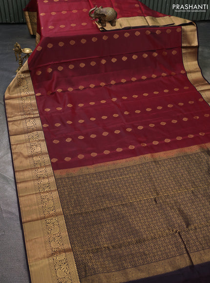 Kanchipuram silk saree wine shade and coffee brown with zari woven buttas and long zari woven border