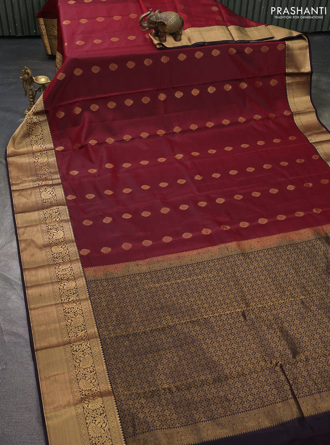 Kanchipuram silk saree wine shade and coffee brown with zari woven buttas and long zari woven border