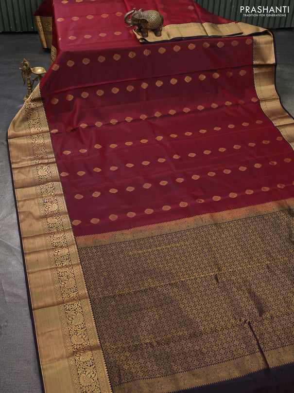 Kanchipuram silk saree wine shade and coffee brown with zari woven buttas and long zari woven border