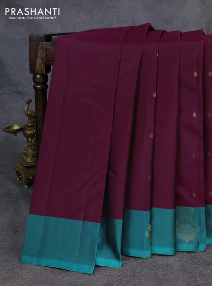 Kanchipuram silk saree wine shade and teal green with allover zari woven buttas and zari woven border