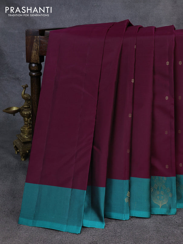 Kanchipuram silk saree wine shade and teal green with allover zari woven buttas and zari woven border