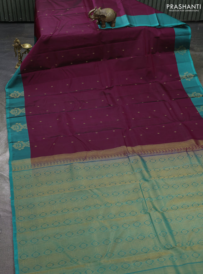 Kanchipuram silk saree wine shade and teal green with allover zari woven buttas and zari woven border