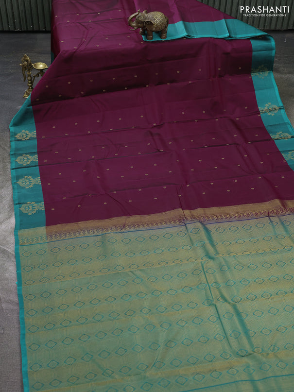 Kanchipuram silk saree wine shade and teal green with allover zari woven buttas and zari woven border