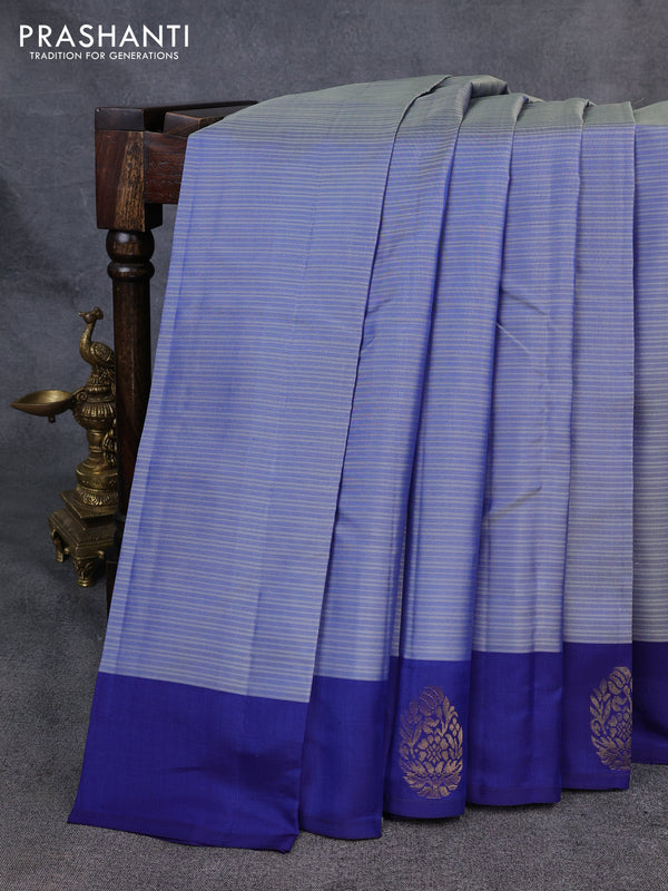 Kanchipuram silk saree grey and navy blue with plain body and zari woven butta border