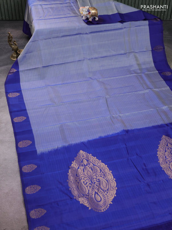 Kanchipuram silk saree grey and navy blue with plain body and zari woven butta border