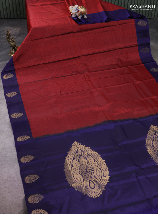 Kanchipuram silk saree maroon and navy blue with plain body and zari woven butta border