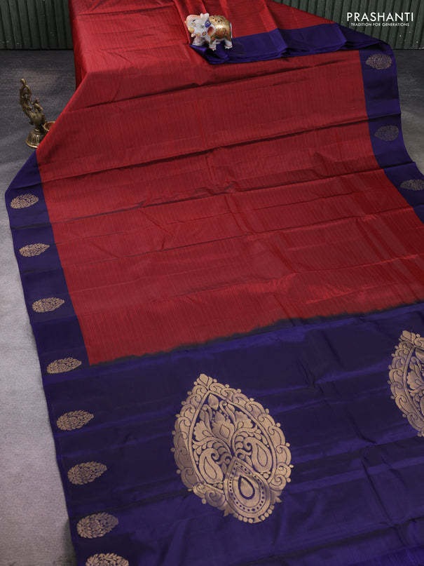 Kanchipuram silk saree maroon and navy blue with plain body and zari woven butta border