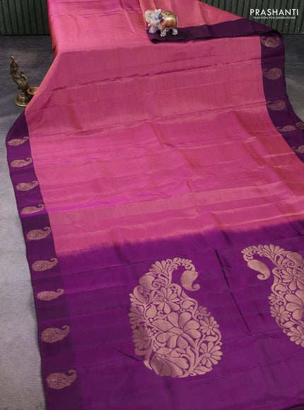 Kanchipuram silk saree mauve pink and dark pink with plai body and zari woven butta border