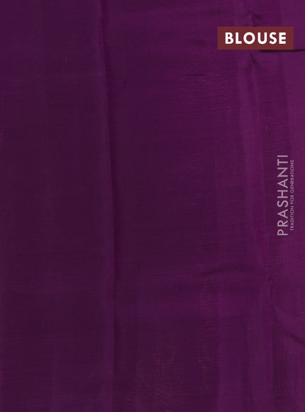 Kanchipuram silk saree mustard yellow and purple with plain body and paisley zari woven butta border