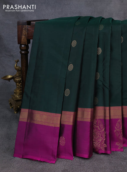 Kanchipuram silk saree bottle green and pink with zari woven buttas and zari woven butta border