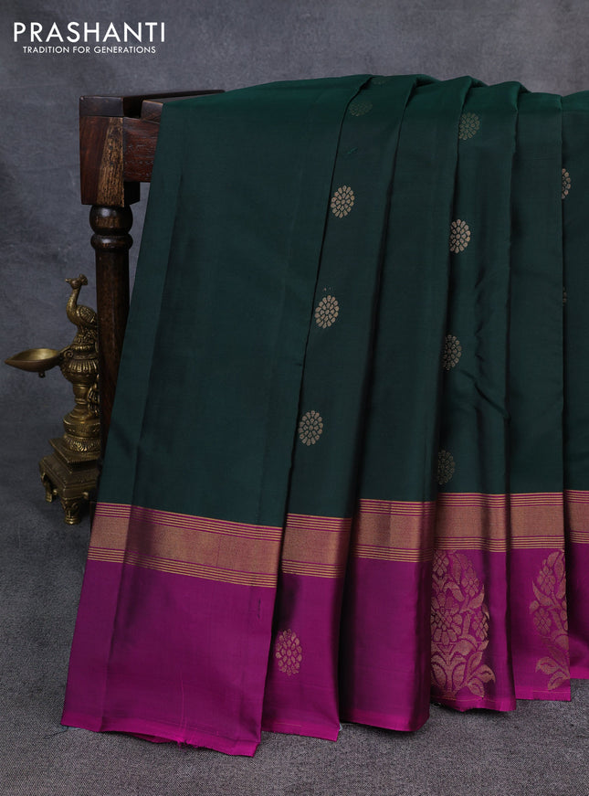 Kanchipuram silk saree bottle green and pink with zari woven buttas and zari woven butta border