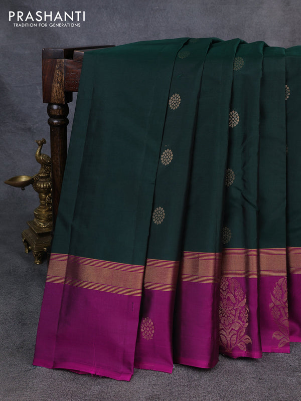 Kanchipuram silk saree bottle green and pink with zari woven buttas and zari woven butta border