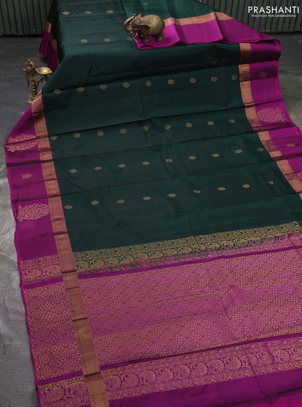 Kanchipuram silk saree bottle green and pink with zari woven buttas and zari woven butta border